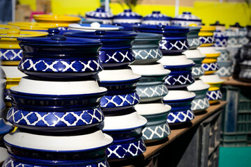 Beautiful colourful asian decorated white blue art ceramic handmade pottery jars vessels cups mugs