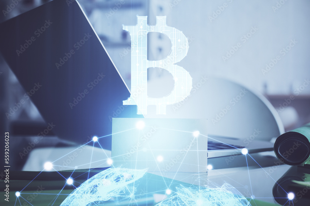 Poster Double exposure of blockchain and crypto economy theme hologram and table with computer background. Concept of bitcoin cryptocurrency.