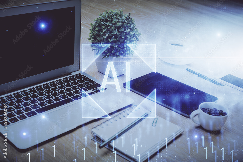 Poster Double exposure of table with computer on background and data theme drawing. Concept of innovation.