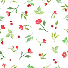Watercolor  seamless pattern with abstract red flowers, branches, leaves. Hand drawn floral illustration isolated on white  background. For packaging, wrapping design or print.