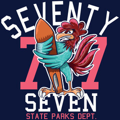 Illustration Rooster Surfer with Surfboard and text Seventy Seven College Varsity fashion style