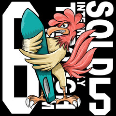 Illustration Rooster Surfer with Surfboard and text Strong College Swag California fashion style