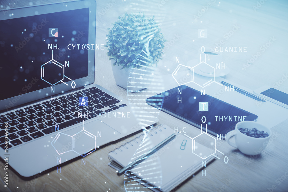 Poster desktop computer background and dna drawing. double exposure. science concept.