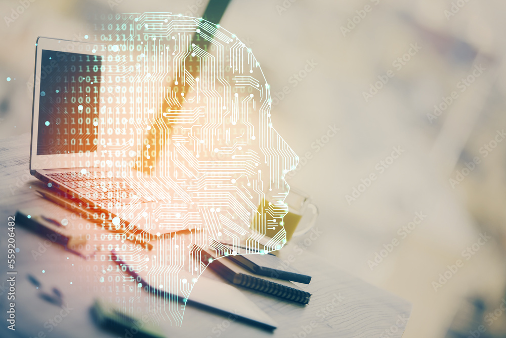 Poster double exposure of desktop with computer and brain drawing hologram. artificial intelligence concept