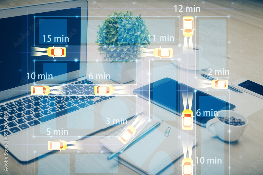 Poster Desktop computer background in office with automobile hologram drawing. Multi exposure. Tech concept.