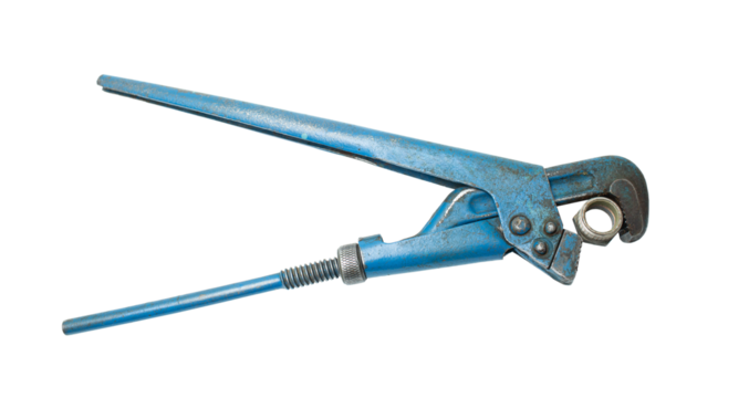 Old blue plumbing key with nut isolated on transparent background.