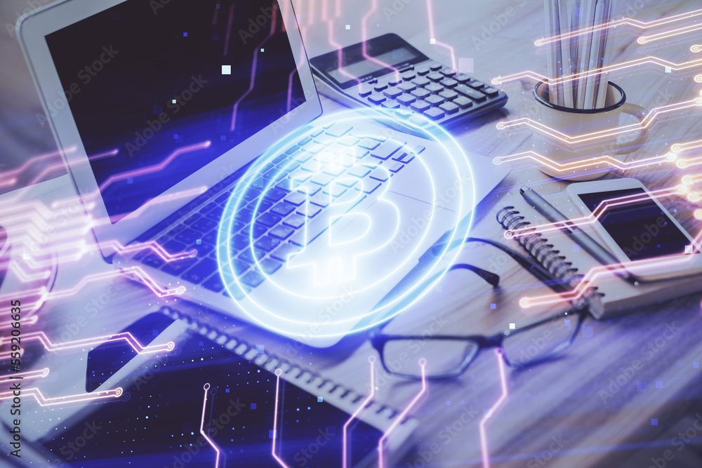 Aufkleber Double exposure of blockchain and crypto economy theme hologram and table with computer background. Concept of bitcoin cryptocurrency.