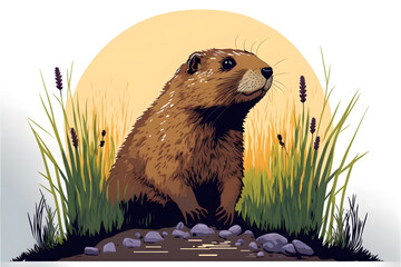 Groundhog coming out of ground illustration, groundhog Day vector illustration,  illustration of groundhog 