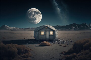 Fototapeta na wymiar Lonely cabin on the moon, created with Generative AI technology