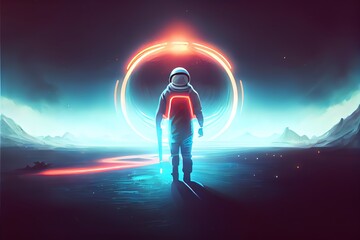 An astronaut walks around the planet in a blue light