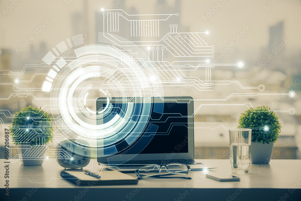 Aufkleber Double exposure of table with computer on background and data theme drawing. Concept of innovation.