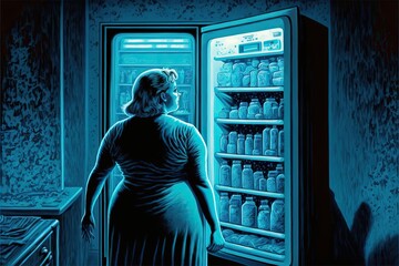 Woman with obesity opens refrigerator at night blue light, Night Eating Syndrome, created with Generative AI technology