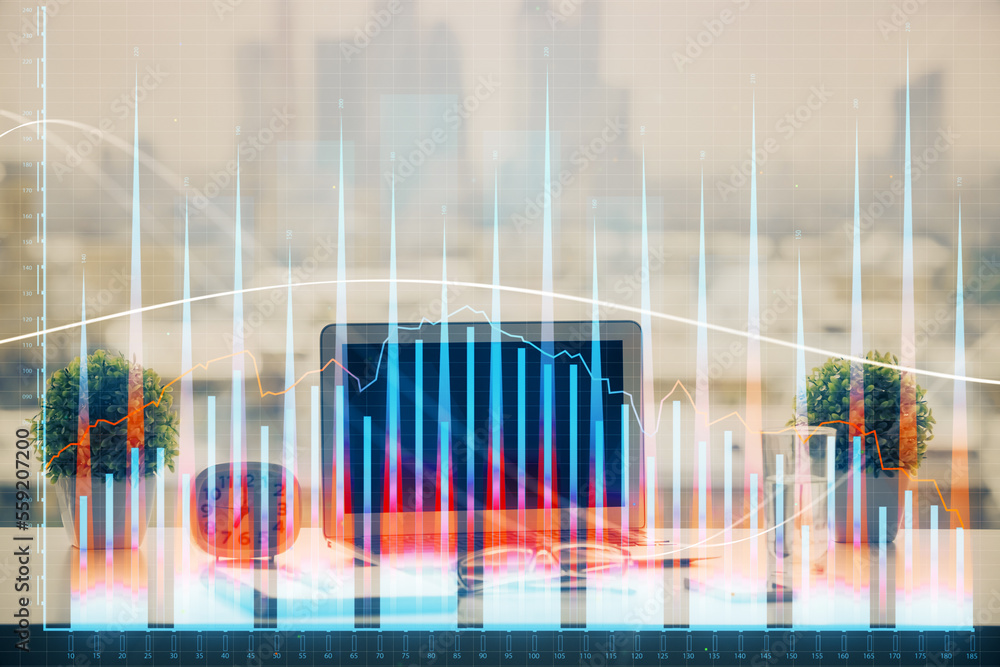 Poster stock market graph on background with desk and personal computer. multi exposure. concept of financi