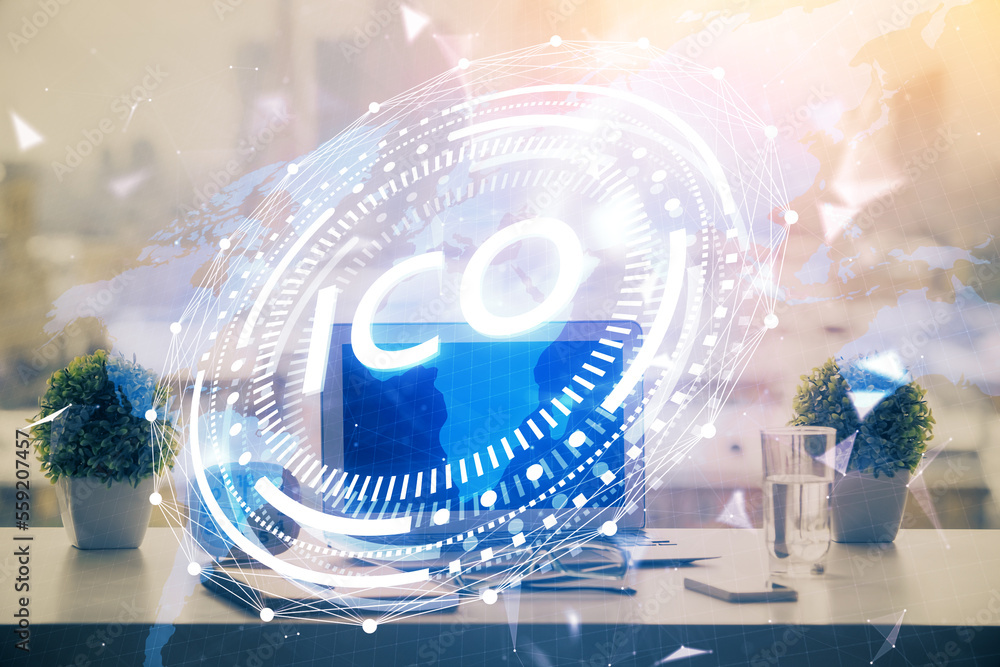 Aufkleber Double exposure of blockchain and crypto economy theme hologram and table with computer background. Concept of bitcoin cryptocurrency.