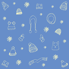 winter hats, mittens, scarves and snowflakes on beautiful background
