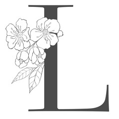 Floral Letter with Cherry Branch. Sakura Flower Alphabet for Wedding.