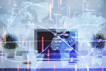 Obraz premium Double exposure of business theme icons and work space with computer background. Concept of success.
