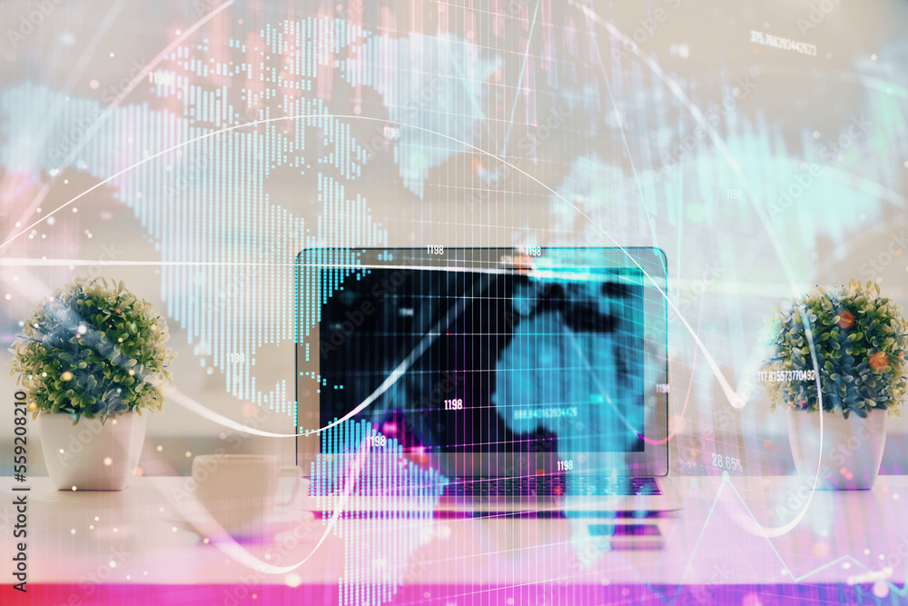 Poster double exposure of business theme icons and work space with computer background. concept of success.