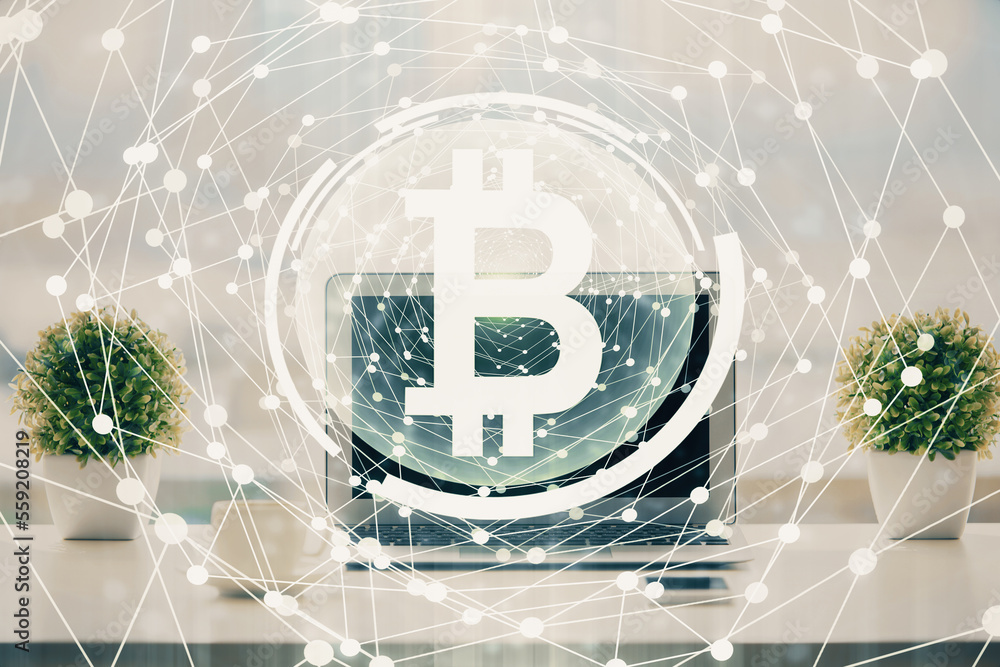 Aufkleber Double exposure of blockchain and crypto economy theme hologram and table with computer background. Concept of bitcoin cryptocurrency.