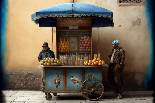 two men standing next to a fruit stand on a street corner with a blue umbrella over it and a cart with oranges and other fruit on the side of the street, and a man.