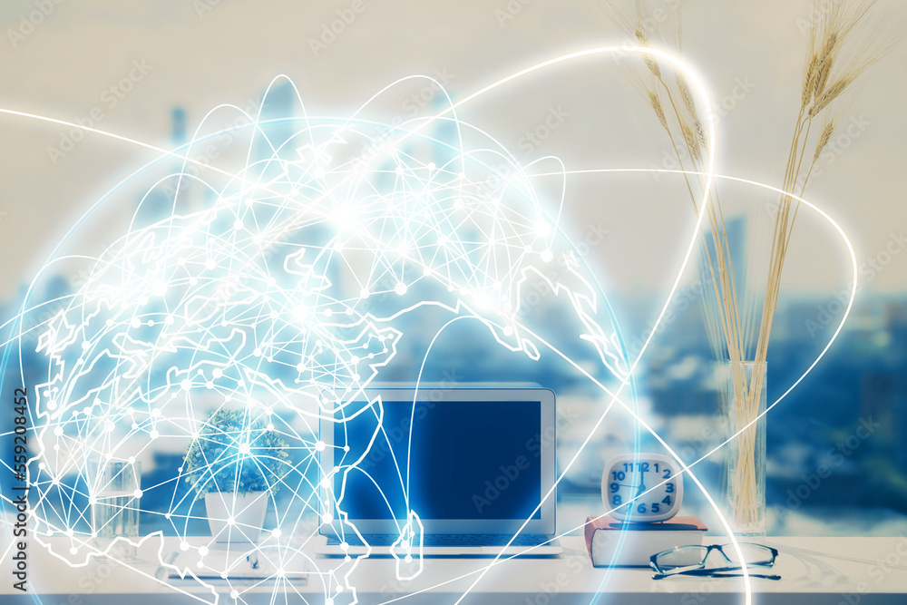 Poster double exposure of business theme icons and work space with computer background. concept of success.