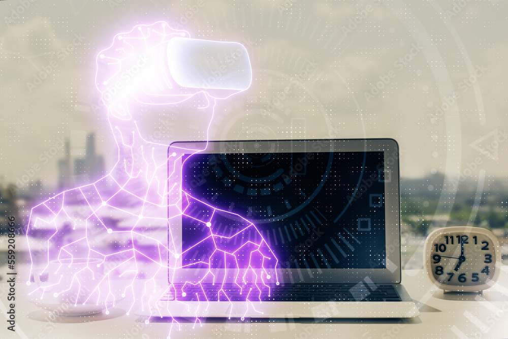 Aufkleber computer on desktop with ar theme icon. multi exposure. concept of augmented reality.