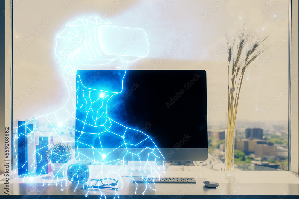Poster Computer on desktop with AR theme icon. Multi exposure. Concept of augmented reality.