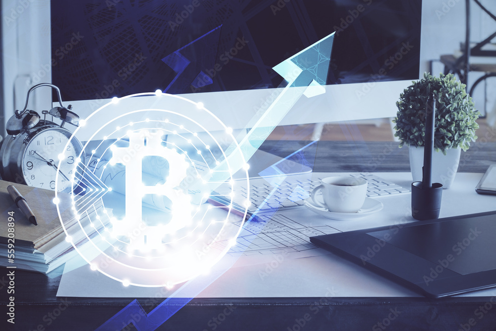Poster Multi exposure of blockchain and crypto economy theme hologram and table with computer background. Concept of bitcoin cryptocurrency.