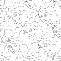 Woman face line drawing vector seamless pattern