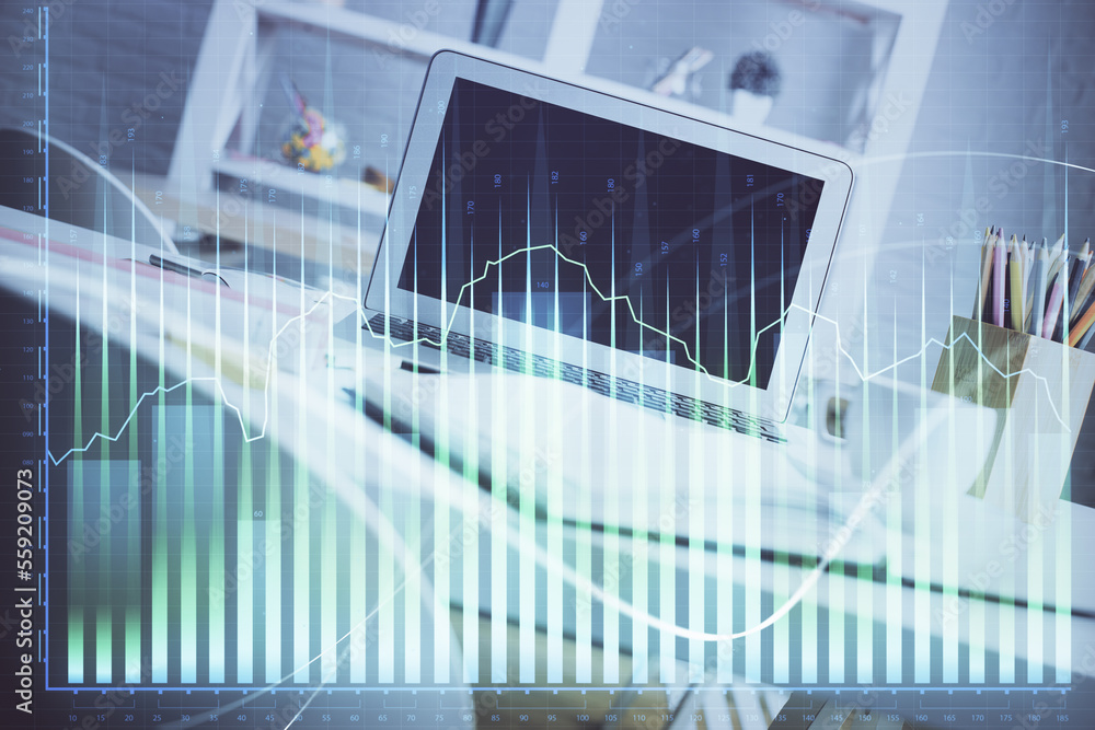 Poster stock market graph on background with desk and personal computer. multi exposure. concept of financi