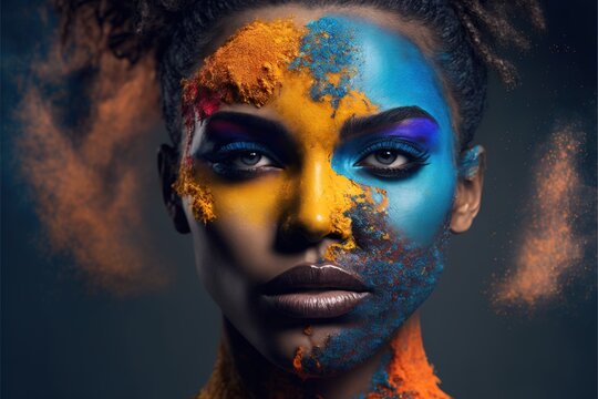 a woman with blue and yellow makeup and orange powder on her face and face, with a black background and a blue and yellow background with orange powder on her face and bottom half of.