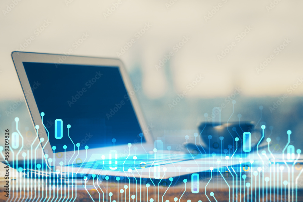Poster Double exposure of desktop computer and technology theme hologram. Concept of software development.