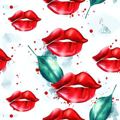 Fototapeta premium seamless pattern with watercolor red lips and green leaf , generative ai