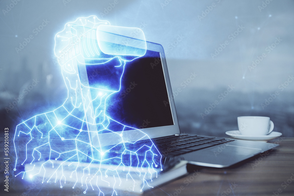 Aufkleber computer on desktop with ar theme icon. multi exposure. concept of augmented reality.