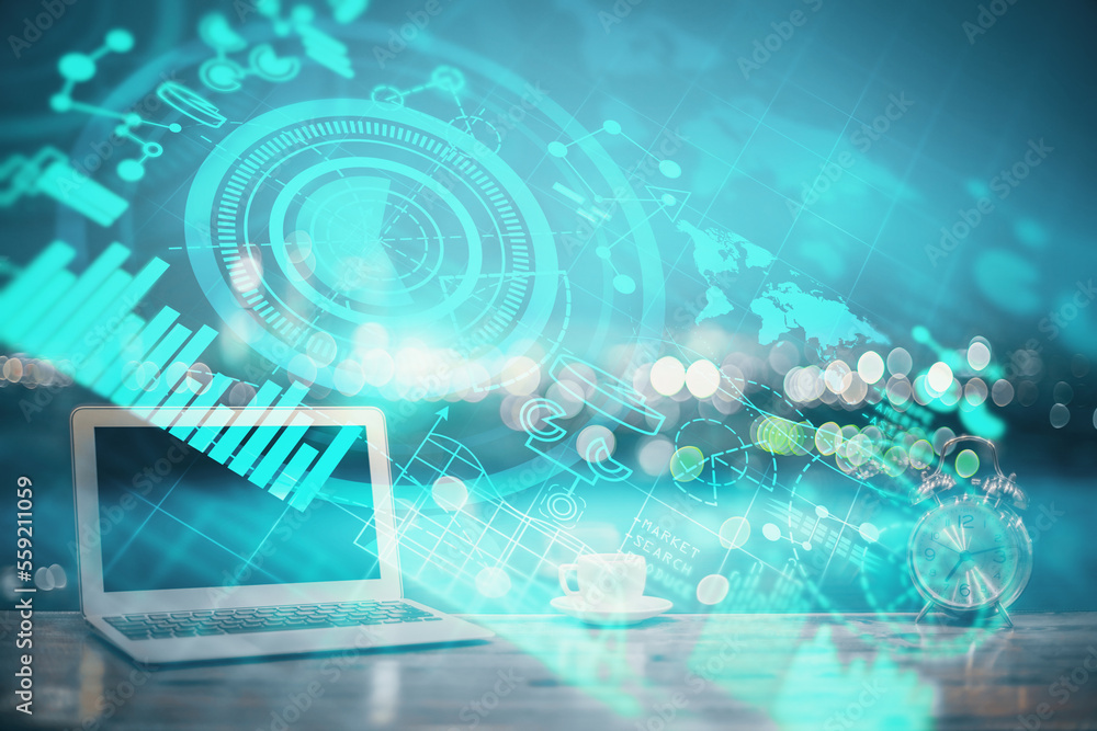 Aufkleber Multi exposure of business theme icons and table with computer background. Concept of success.