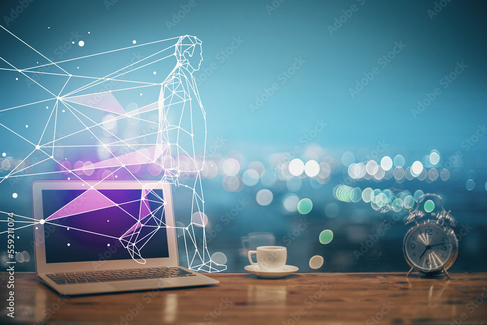 Poster desktop computer background in office and start up theme hologram drawing. double exposure. startup 