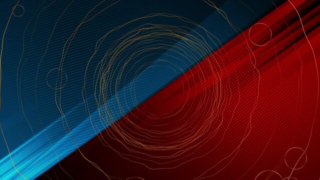 Contrast red and blue background with abstract golden wavy circles. Seamless looping motion design. Video animation Ultra HD 4K 3840x2160