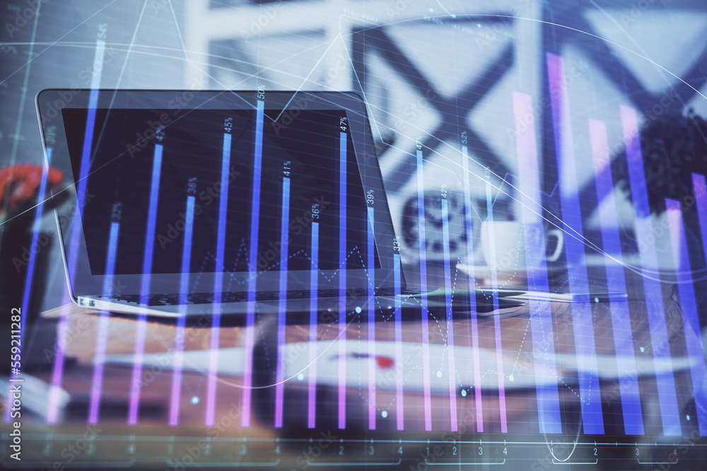 Poster stock market graph on background with desk and personal computer. multi exposure. concept of financi