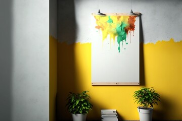 A wall art poster mockup with color splashes on it is hanging on a white and yellow wall with plants next to it, generative ai