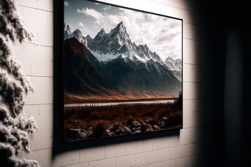 A beautiful poster with a mountain landscape print is hanging on a wall, in a side view, generative ai