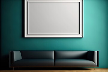 A white wall art poster mock-up hanging on a green wall over a black couch, generative ai