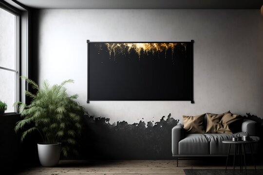 A Black Poster Mockup Is Hanging In A Room With A Plant Next To It, Generative Ai