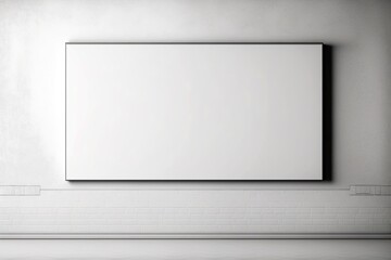 A white and empty widescreen canvas poster hanging on a white wall, mockup, generative ai