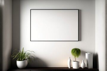 A wall art poster mockup hanging on a wall with some plants, a clean and empty canvas template, generative ai