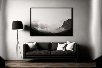 A wall art poster template is hanging in a modern, black and white room with a couch, generative ai