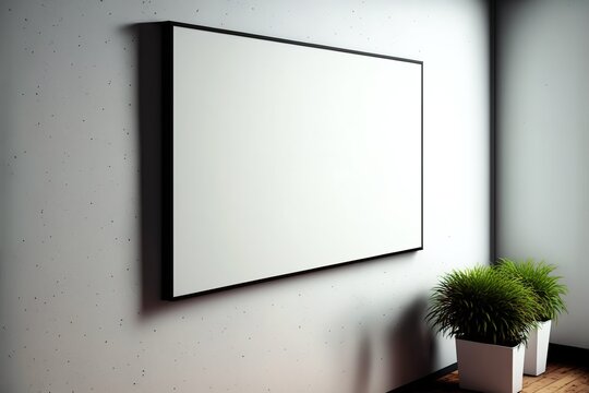 A horizontal wall art poster mock-up is in a room with a plant, in a side view, generative ai