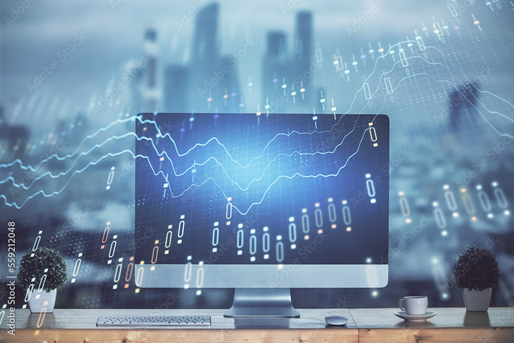 Poster stock market graph on background with desk and personal computer. multi exposure. concept of financi