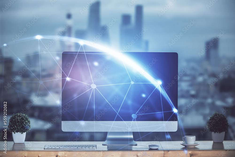 Poster computer on desktop with social network theme icon. multi exposure. concept of international connect