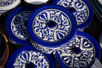 Beautiful colourful asian decorated white blue art ceramic handmade pottery jars vessels cups mugs