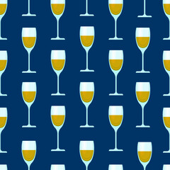 Glasses with alcohol seamless pattern. Vector print of glass transparent glasses on a colored background.